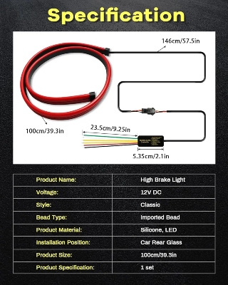 Picture of Defvnsy 1-Set 100CM (39.4") 12V Flexible Red 90/100cm Car Additional LED Brake Light Car Third Brake Light With Driving Turn Signal Warning Stop Lamp