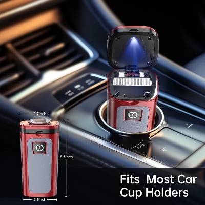 Picture of High-End Smoky Grey Car Ashtray Multifunctional Covered Cigarette Holder Creative Solar Powered Car Interior Accessories