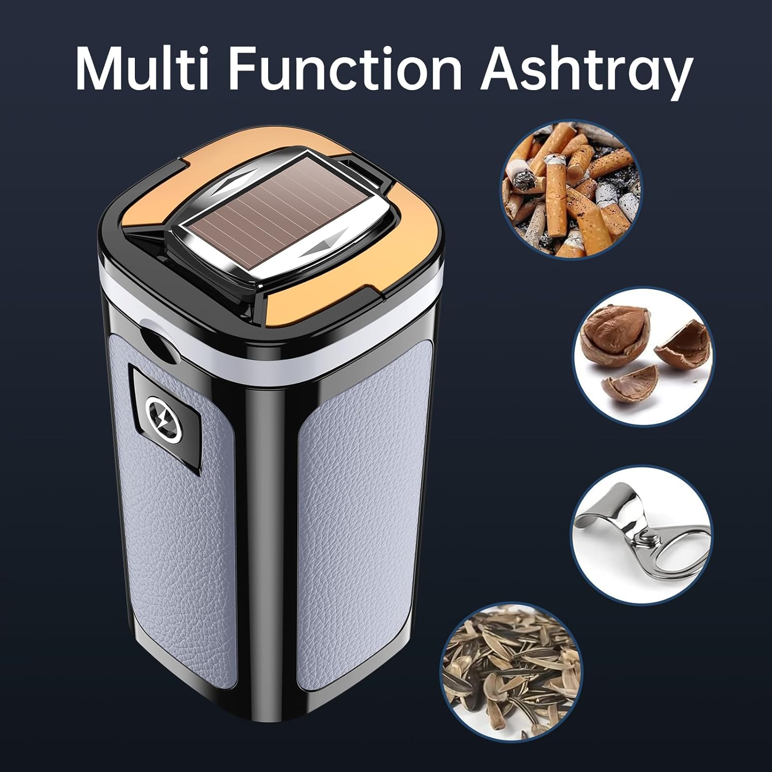 Picture of High-End Smoky Grey Car Ashtray Multifunctional Covered Cigarette Holder Creative Solar Powered Car Interior Accessories