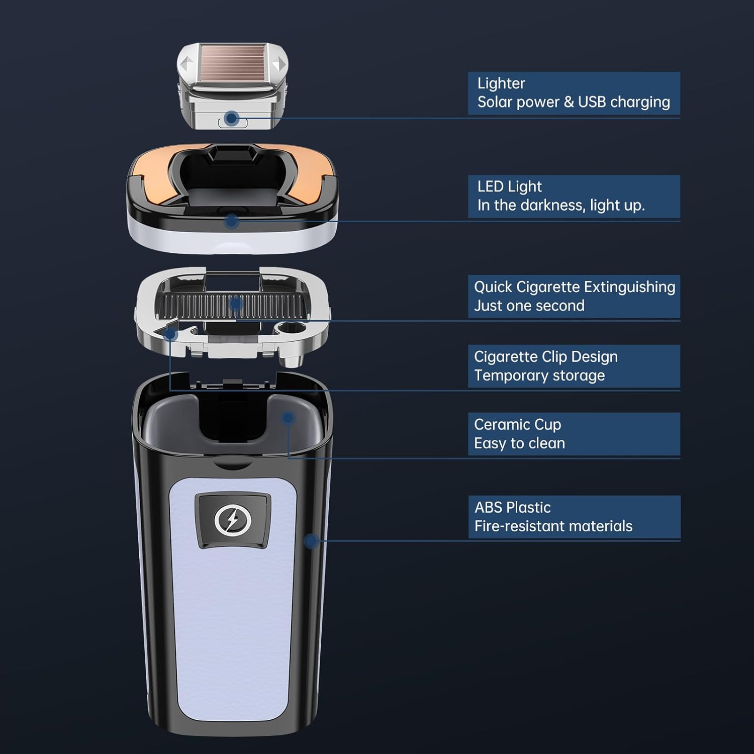 Picture of High-End Smoky Grey Car Ashtray Multifunctional Covered Cigarette Holder Creative Solar Powered Car Interior Accessories