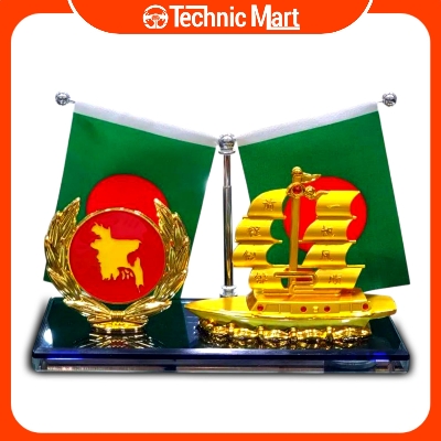 Picture of Car Dashboard Showpiece Ship and Bangladeshi Flag Luxury Look Bangladesh Navy Showpiece.
