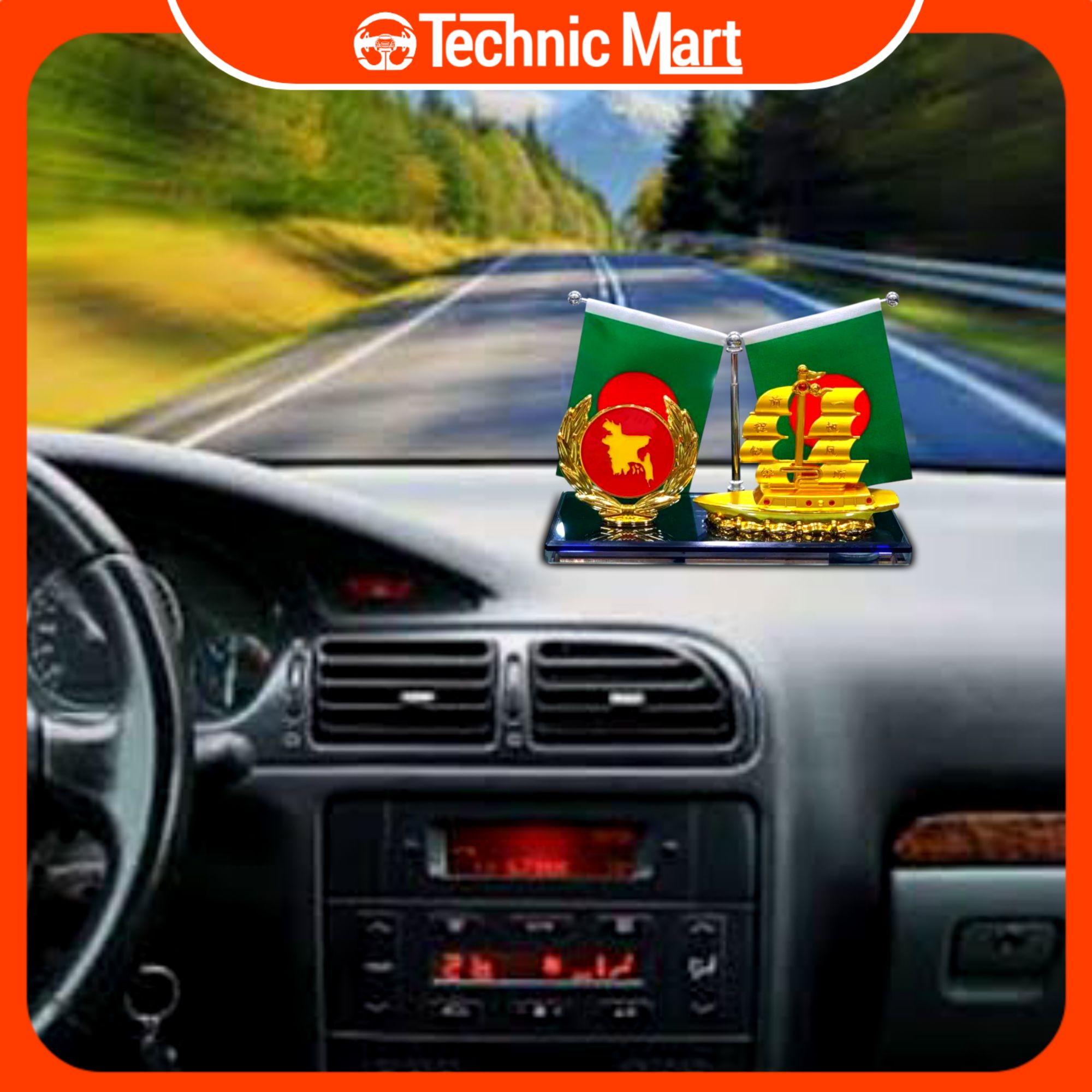 Picture of Car Dashboard Showpiece Ship and Bangladeshi Flag Luxury Look Bangladesh Navy Showpiece.