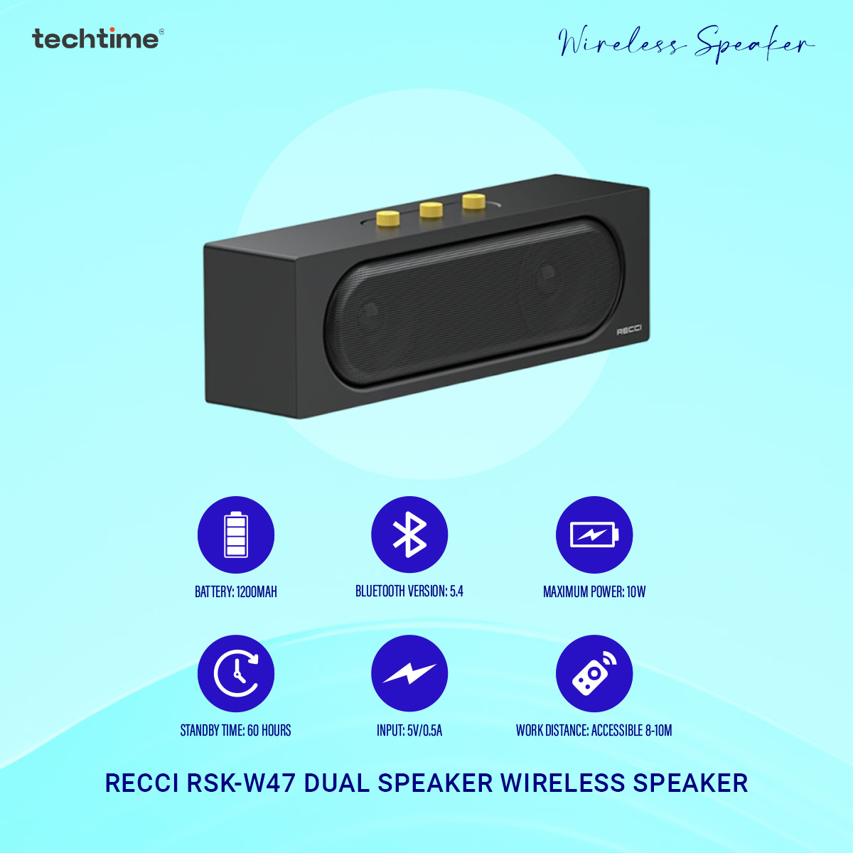 Picture of Recci RSK-W47 Dual Speaker Wireless Speaker - 10W Hi-Fi, TWS, Bluetooth 5.4, 6H Playtime