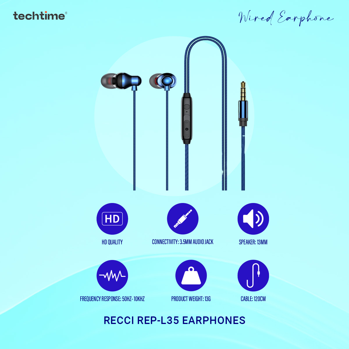 Picture of Recci REP-L35 Earphones - 13mm Brass Horn, Shocking Sound, Noise Reduction, 3.5mm Gold Plug