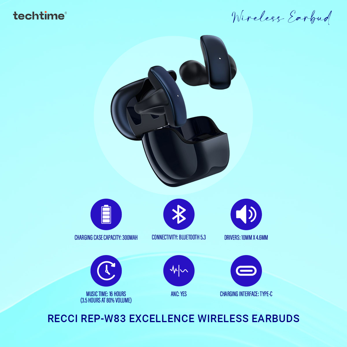 Picture of Recci REP-W83 ENC Earbud | Hi-Fi Sound | 16 Hours Music | Type-C | Water Resistance | 6 Months Warranty