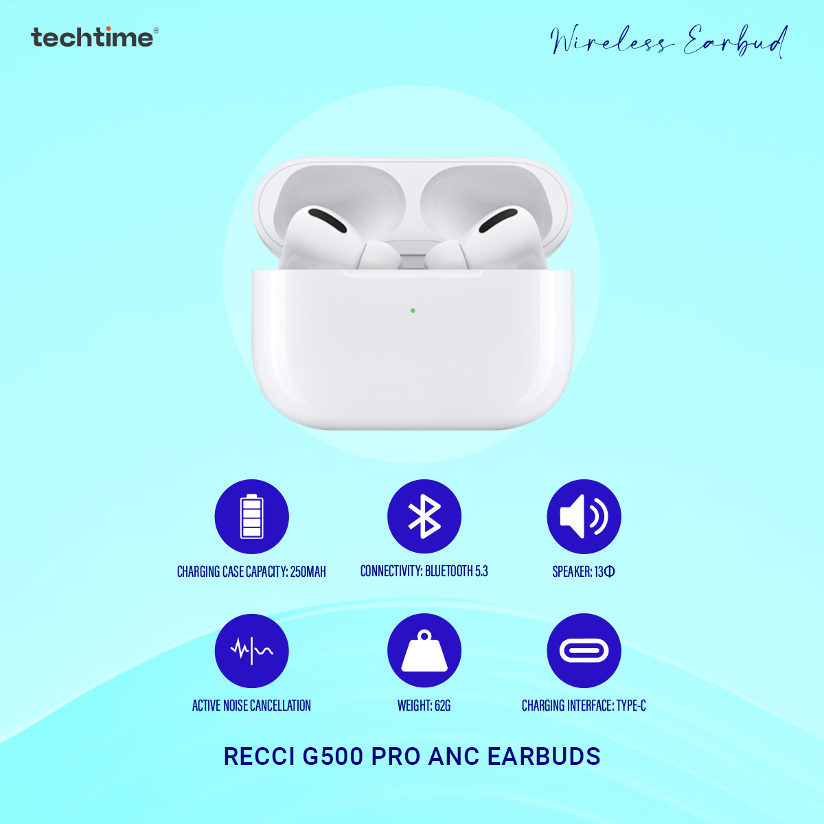 Picture of Recci G500 Pro ANC earbuds - spatial audio, wireless charging, apple popup, active noise cancellation