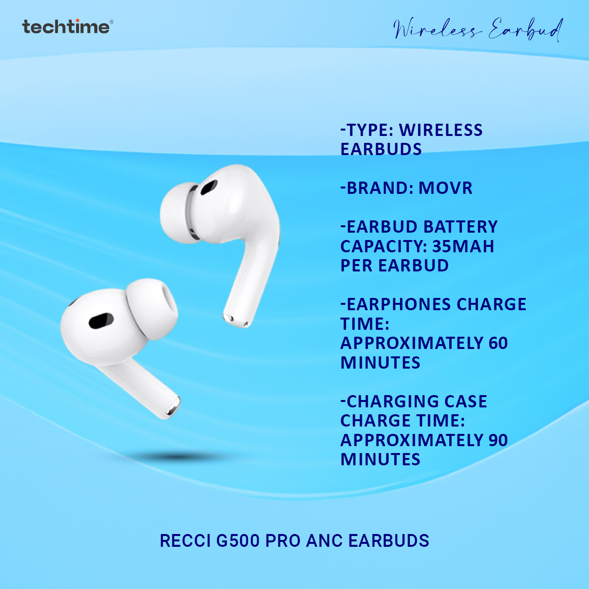 Picture of Recci G500 Pro ANC earbuds - spatial audio, wireless charging, apple popup, active noise cancellation