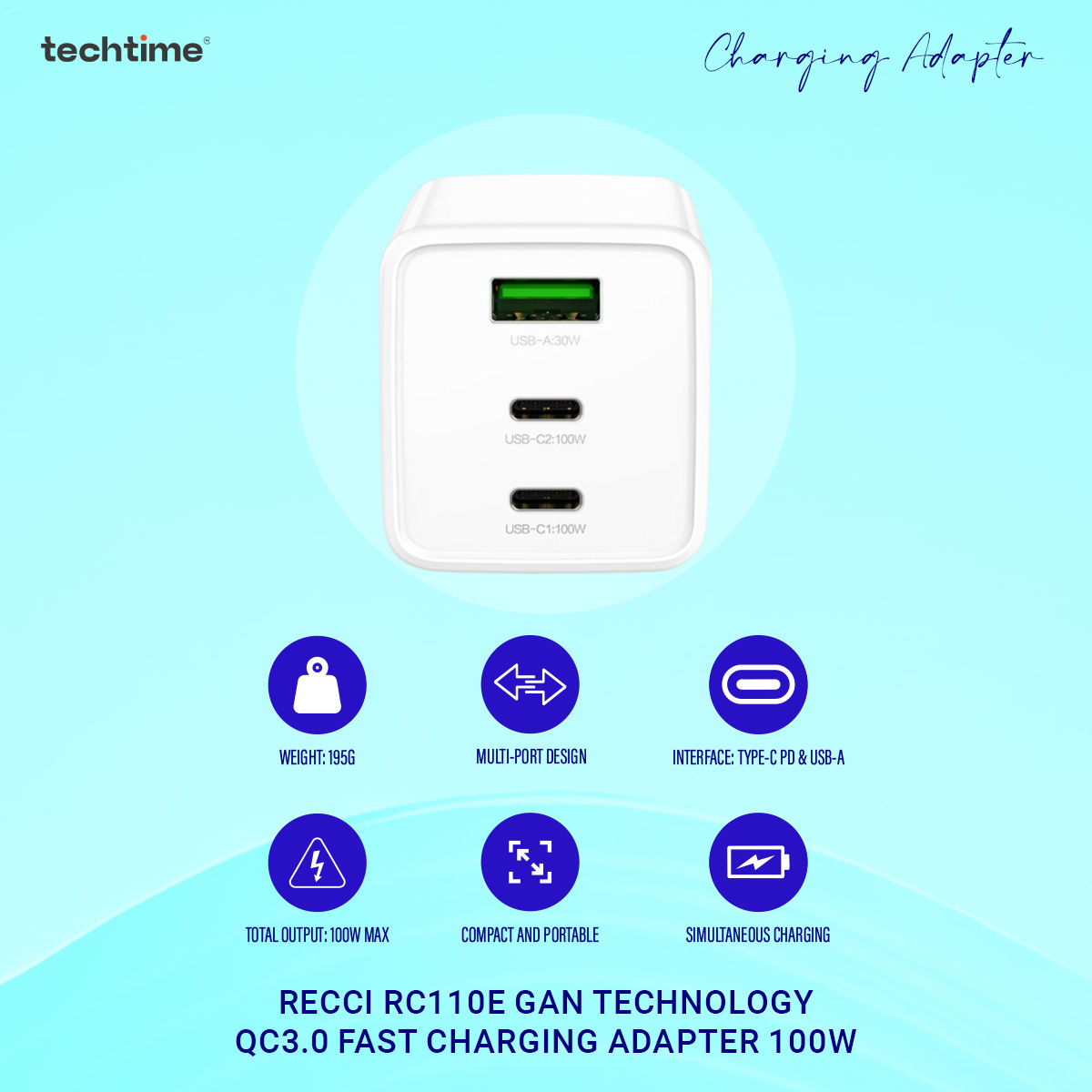 Picture of Recci RC110E GaN Technology QC3.0 Fast Charging Adapter 100W, Type-C PD & USB-A