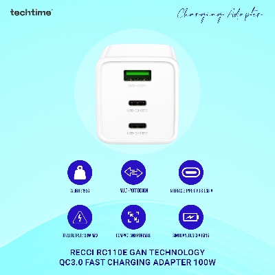 Picture of Recci RC110E GaN Technology QC3.0 Fast Charging Adapter 100W, Type-C PD & USB-A