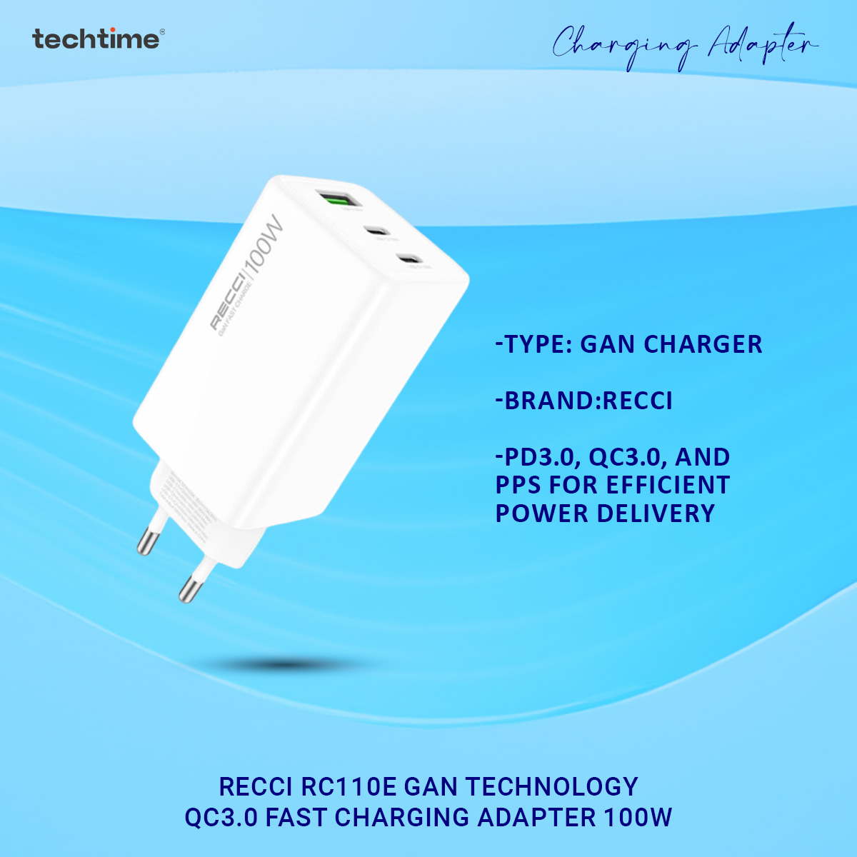 Picture of Recci RC110E GaN Technology QC3.0 Fast Charging Adapter 100W, Type-C PD & USB-A
