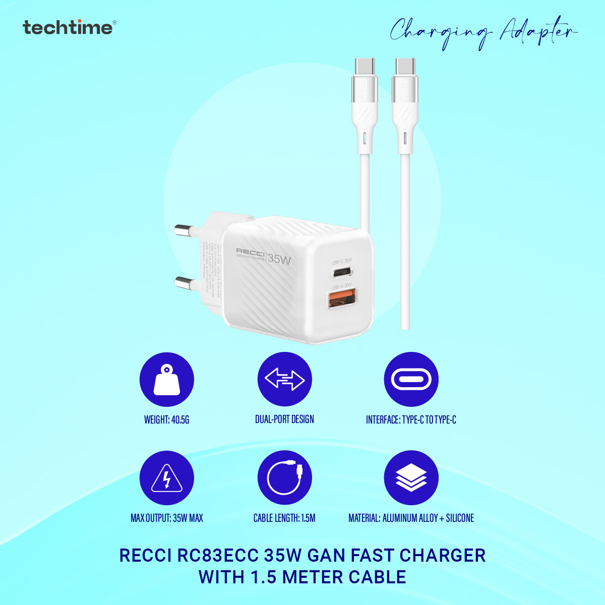 Picture of Recci RC83ECC 35W GaN Fast Charger with 1.5 Meter Cable