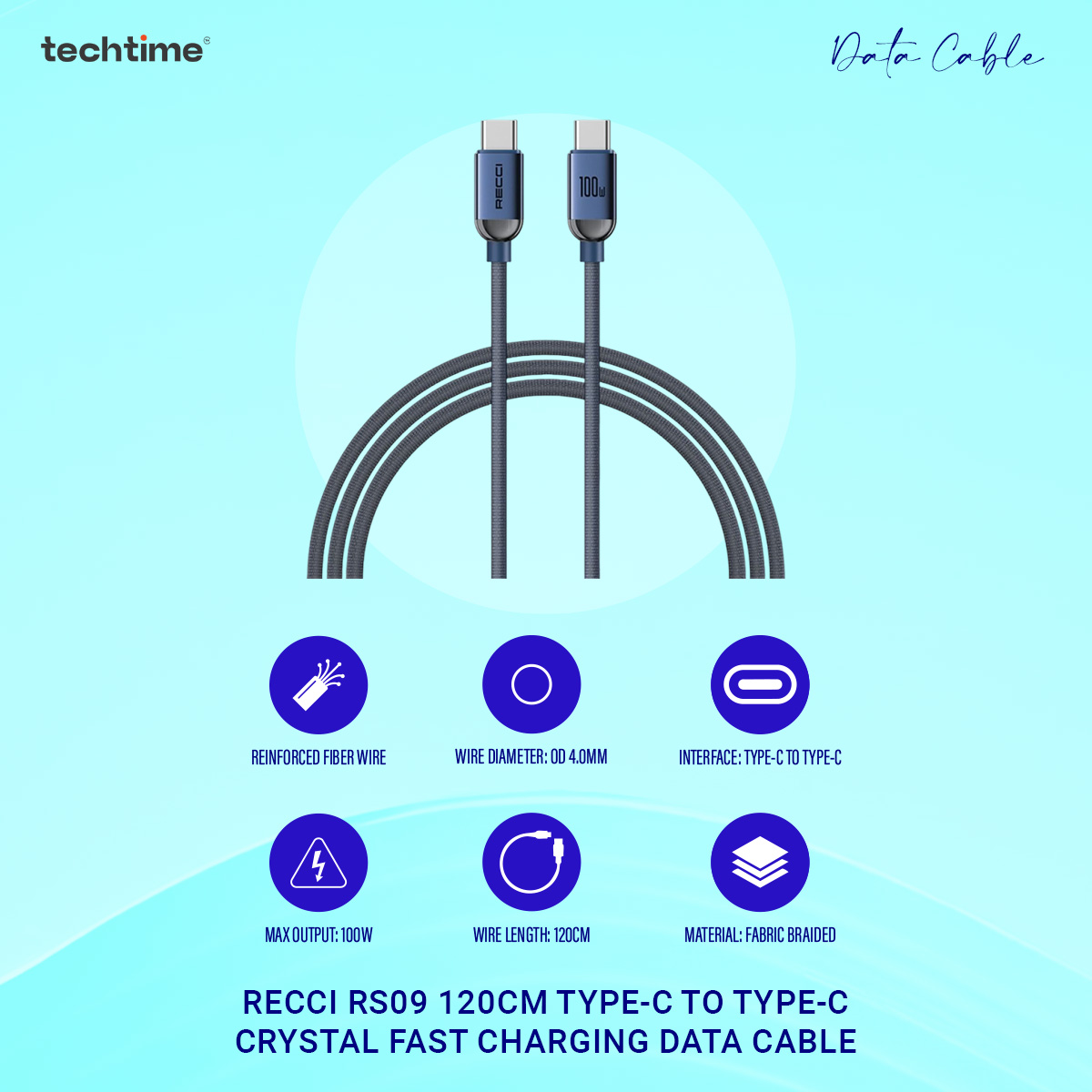 Picture of Recci RS09 120cm Type-C To Type-C Crystal Fast Charging Data Cable