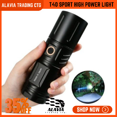 T40 Rechargeable LED Torch Light – 12000mAh Power Bank | Zoom Focus + 5 Modes + Disco Flash | Waterproof Metal Body | USB Type-C Fast Charging | Heavy Duty Long Backup Light