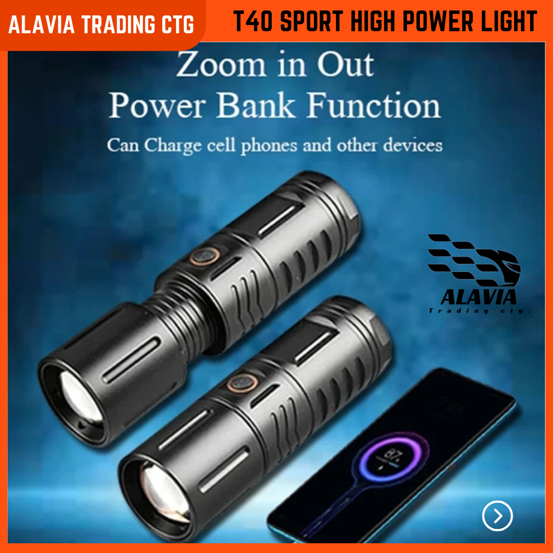 T40 Rechargeable LED Torch Light – 12000mAh Power Bank | Zoom Focus + 5 Modes + Disco Flash | Waterproof Metal Body | USB Type-C Fast Charging | Heavy Duty Long Backup Light