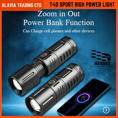 T40 Rechargeable LED Torch Light – 12000mAh Power Bank | Zoom Focus + 5 Modes + Disco Flash | Waterproof Metal Body | USB Type-C Fast Charging | Heavy Duty Long Backup Light