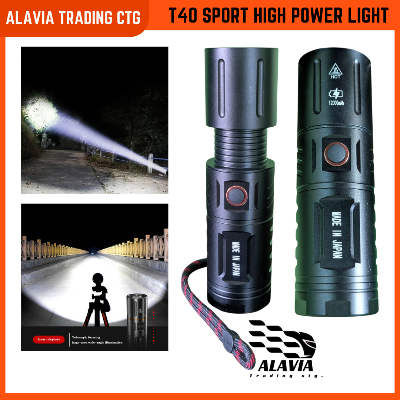 T40 Rechargeable LED Torch Light – 12000mAh Power Bank | Zoom Focus + 5 Modes + Disco Flash | Waterproof Metal Body | USB Type-C Fast Charging | Heavy Duty Long Backup Light