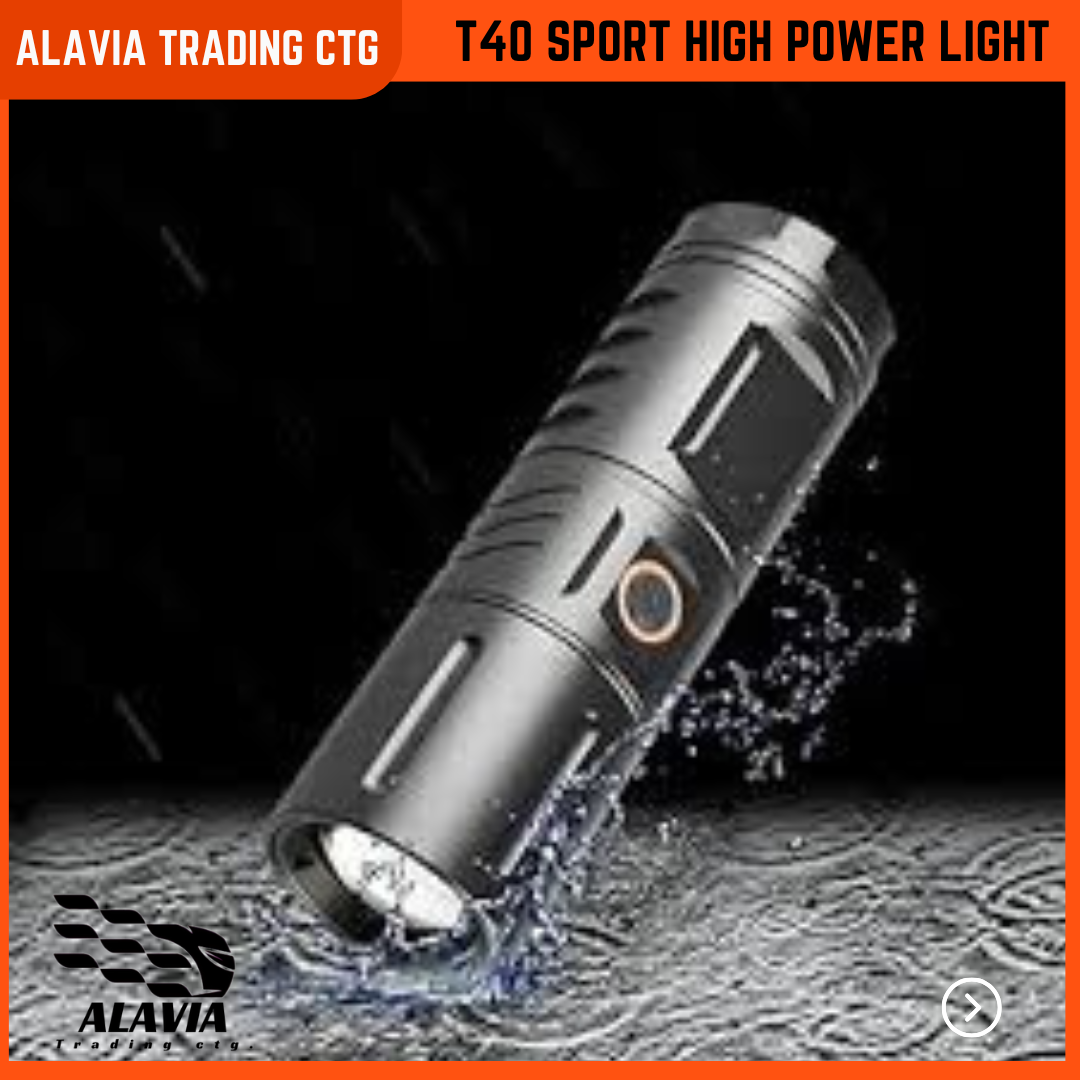 T40 Rechargeable LED Torch Light – 12000mAh Power Bank | Zoom Focus + 5 Modes + Disco Flash | Waterproof Metal Body | USB Type-C Fast Charging | Heavy Duty Long Backup Light