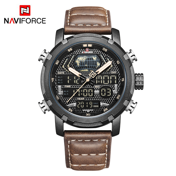 Picture of NAVIFORCE NF9160 Dark Brown PU Leather Dual Time Wrist Watch For Men - Black and Dark Brown