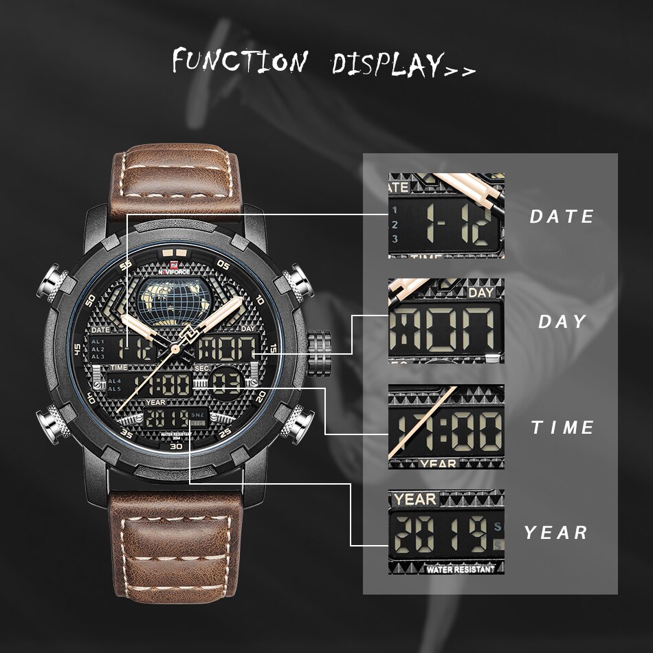 Picture of NAVIFORCE NF9160 Dark Brown PU Leather Dual Time Wrist Watch For Men - Black and Dark Brown