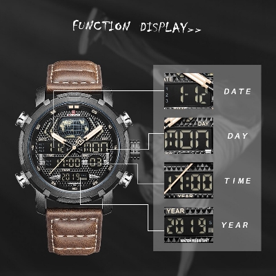 Picture of NAVIFORCE NF9160 Dark Brown PU Leather Dual Time Wrist Watch For Men - Black and Dark Brown