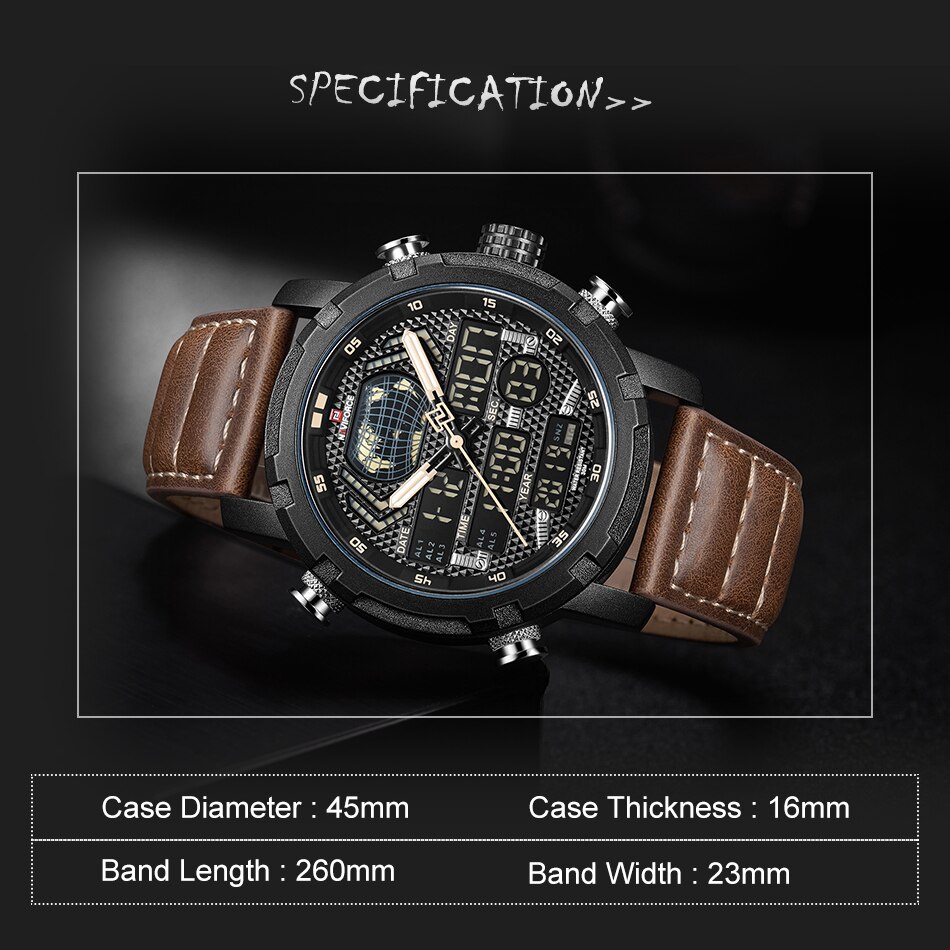 Picture of NAVIFORCE NF9160 Dark Brown PU Leather Dual Time Wrist Watch For Men - Black and Dark Brown