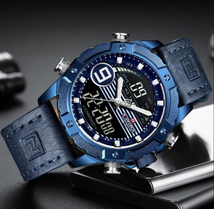 Picture of NAVIFORCE NF9146L Navy Blue PU Leather Dual Time Wrist Watch For Men - Royal Blue and Navy Blue
