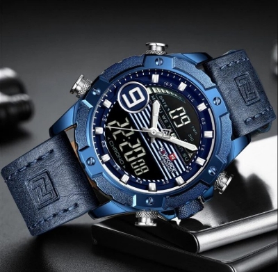 Picture of NAVIFORCE NF9146L Navy Blue PU Leather Dual Time Wrist Watch For Men - Royal Blue and Navy Blue