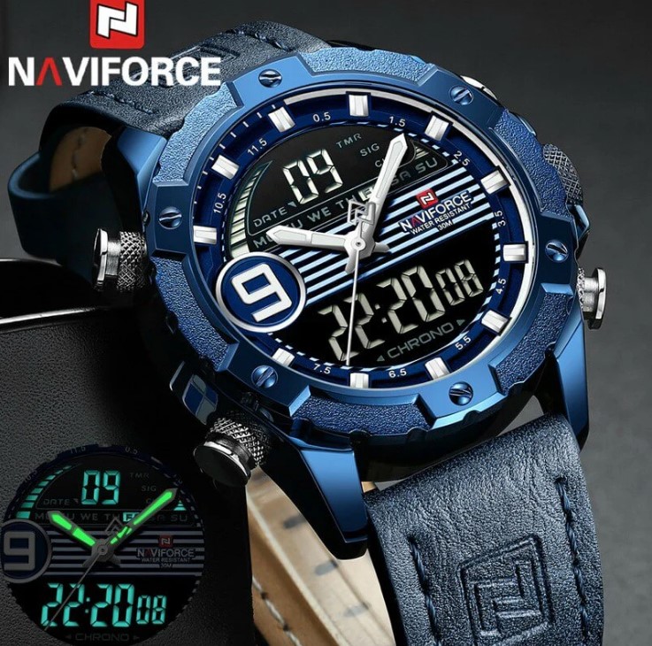 Picture of NAVIFORCE NF9146L Navy Blue PU Leather Dual Time Wrist Watch For Men - Royal Blue and Navy Blue