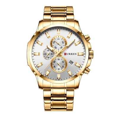 Picture of CURREN 8348 Golden Stainless Steel Chronograph Watch For Men - White & Golden