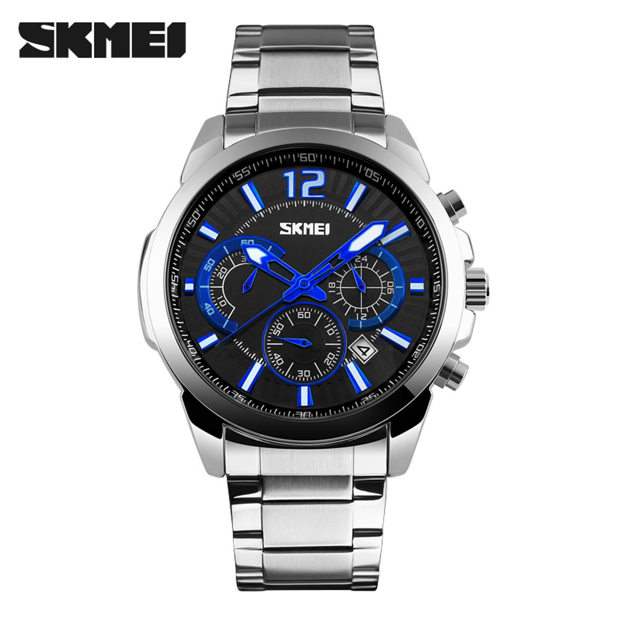 Picture of SKMEI 9108 Silver Stainless Steel Chronograph Watch For Men - Black & Silver