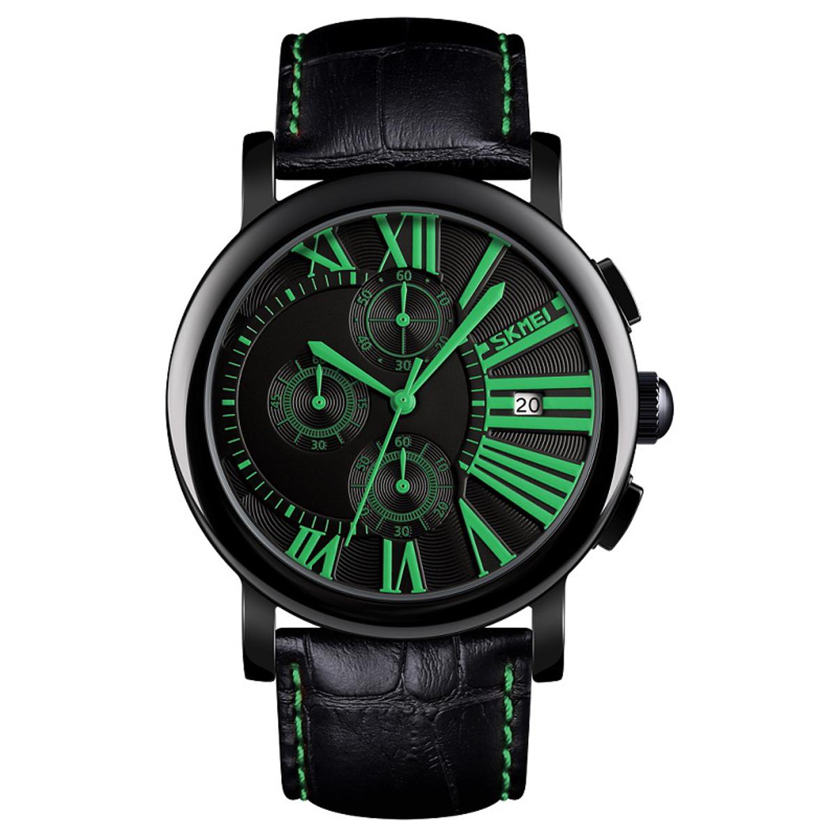 Picture of SKMEI 9196 Black PU Leather Chronograph Watch For Men - Green & Black