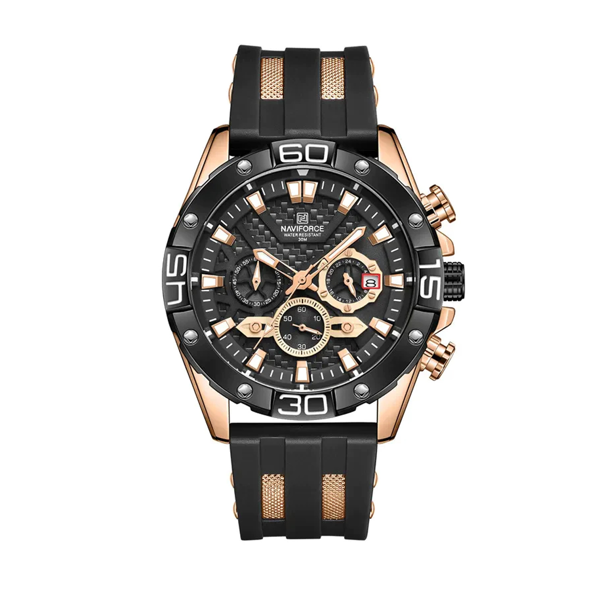 Picture of NAVIFORCE NF8019 Black TPU Leather Chronograph Watch For Men - RoseGold & Black