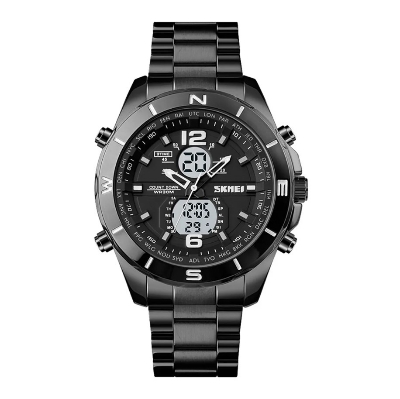 Picture of SKMEI SK1670 Black Stainless Steel Dual Time Watch For Men - White & Black