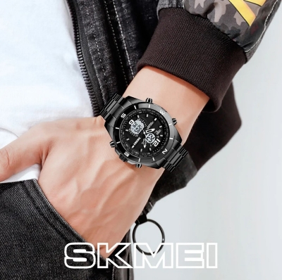 Picture of SKMEI SK1670 Black Stainless Steel Dual Time Watch For Men - White & Black