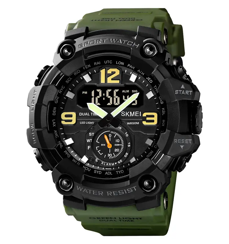 Picture of SKMEI 1637 Army Green PU Dual Time Watch For Unisex - Black & Army Green