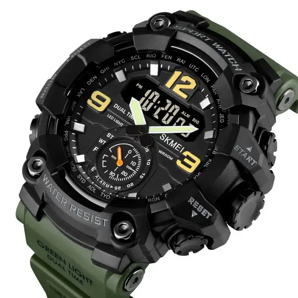 Picture of SKMEI 1637 Army Green PU Dual Time Watch For Unisex - Black & Army Green