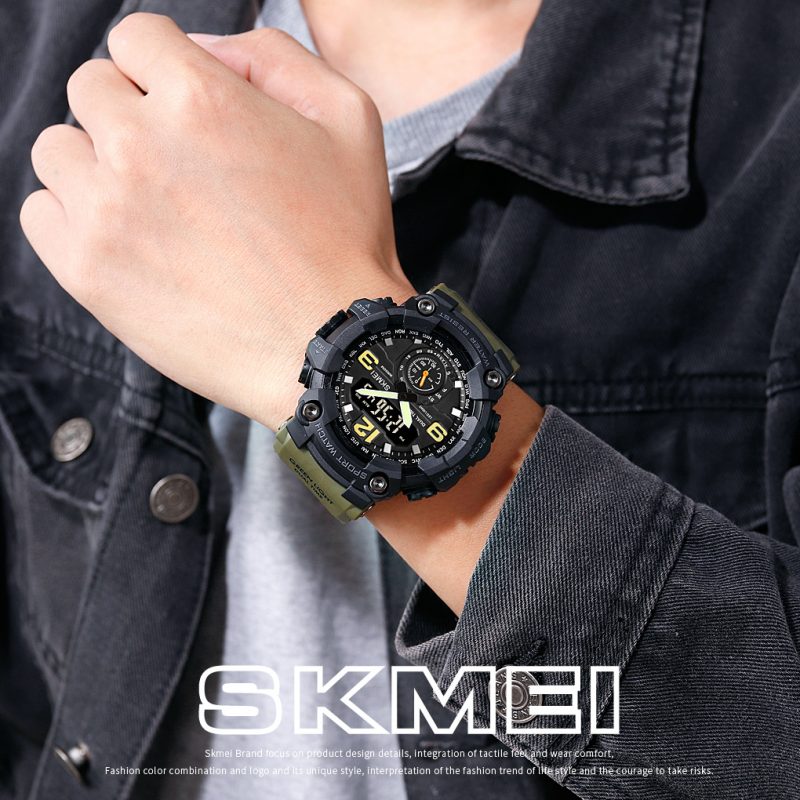 Picture of SKMEI 1637 Army Green PU Dual Time Watch For Unisex - Black & Army Green