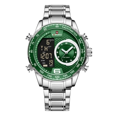 Picture of NAVIFORCE NF9199M Silver Stainless Steel Dual Time Watch For Men - Green & Silver