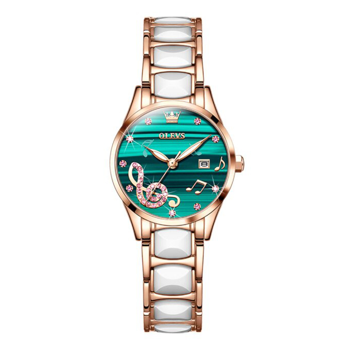 Picture of OLEVS 3605 RoseGold Stainless Steel Ceramics Analog Wrist Watch For Women - Green & RoseGold