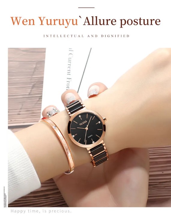 Picture of OLEVS 5877F Black And RoseGold Ceramic Steel Analog Watch For Women - RoseGold & Black