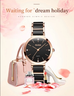 Picture of OLEVS 5877F Black And RoseGold Ceramic Steel Analog Watch For Women - RoseGold & Black