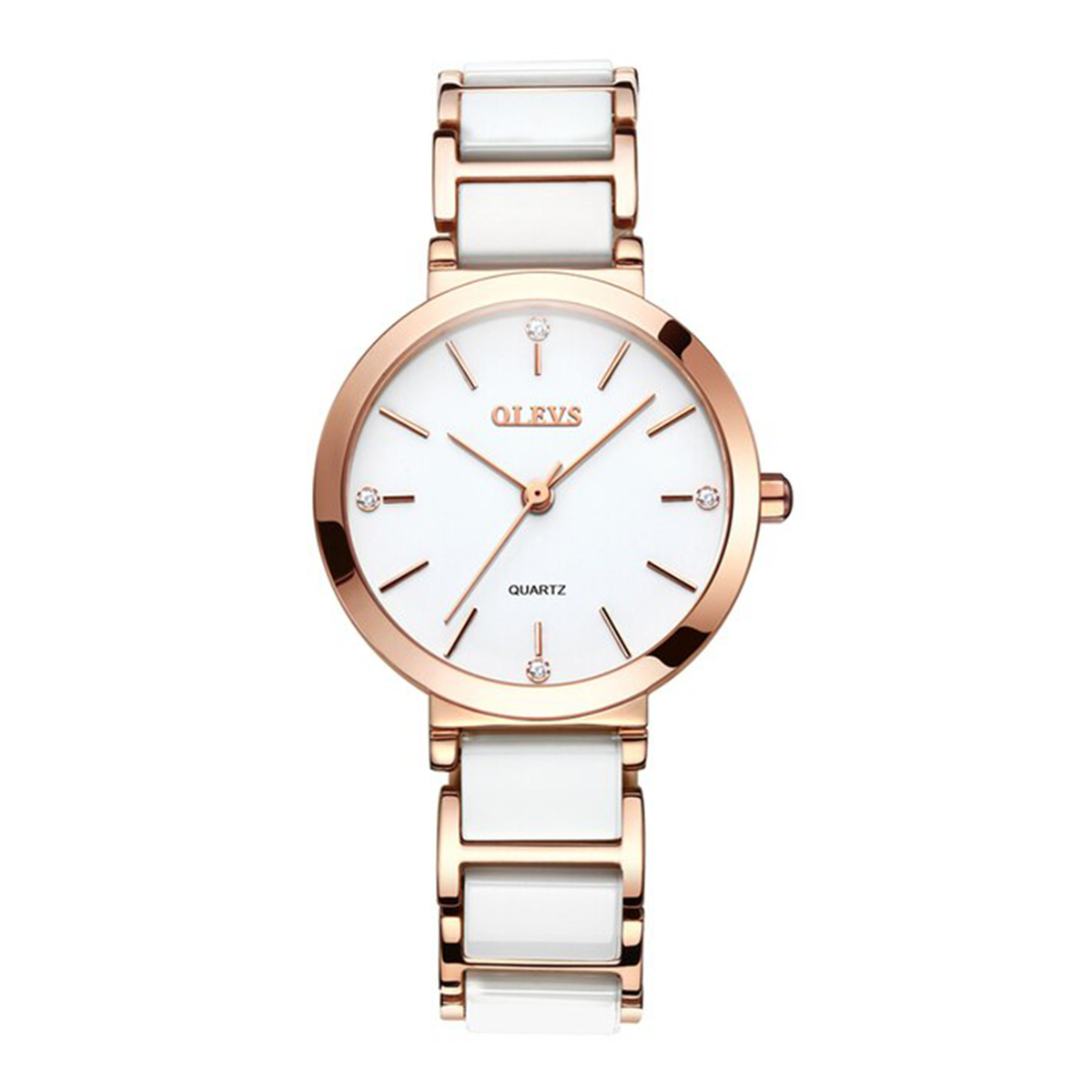 Picture of OLEVS 5877 White And RoseGold Ceramic Steel Analog Watch For Women - RoseGold & White