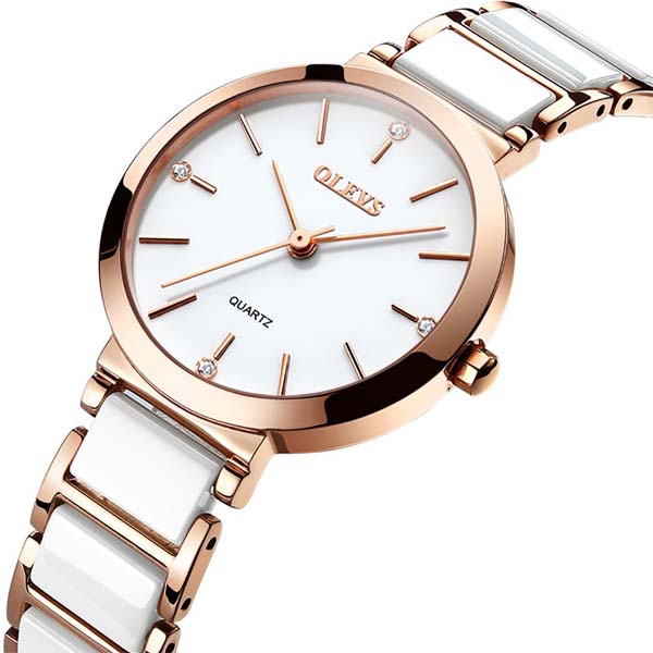 Picture of OLEVS 5877 White And RoseGold Ceramic Steel Analog Watch For Women - RoseGold & White