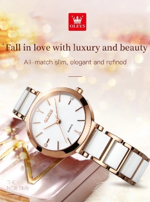 Picture of OLEVS 5877 White And RoseGold Ceramic Steel Analog Watch For Women - RoseGold & White