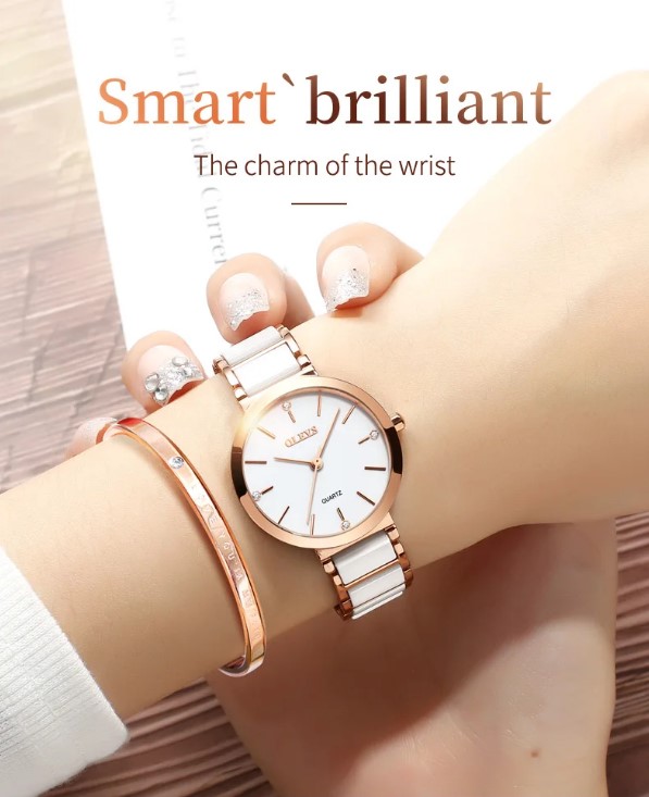 Picture of OLEVS 5877 White And RoseGold Ceramic Steel Analog Watch For Women - RoseGold & White