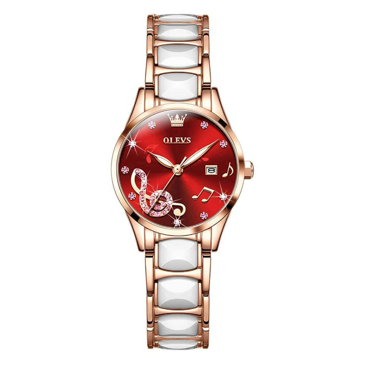 Picture of OLEVS 3605 RoseGold Stainless Steel Ceramics Analog Wrist Watch For Women - Red & RoseGold