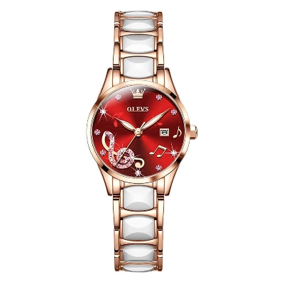 Picture of OLEVS 3605 RoseGold Stainless Steel Ceramics Analog Wrist Watch For Women - Red & RoseGold