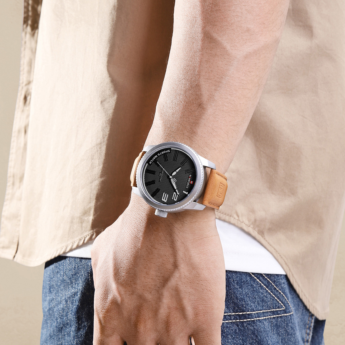 Picture of NAVIFORCE NF9202 Brown PU Leather Analog Watch For Men - Silver & Brown