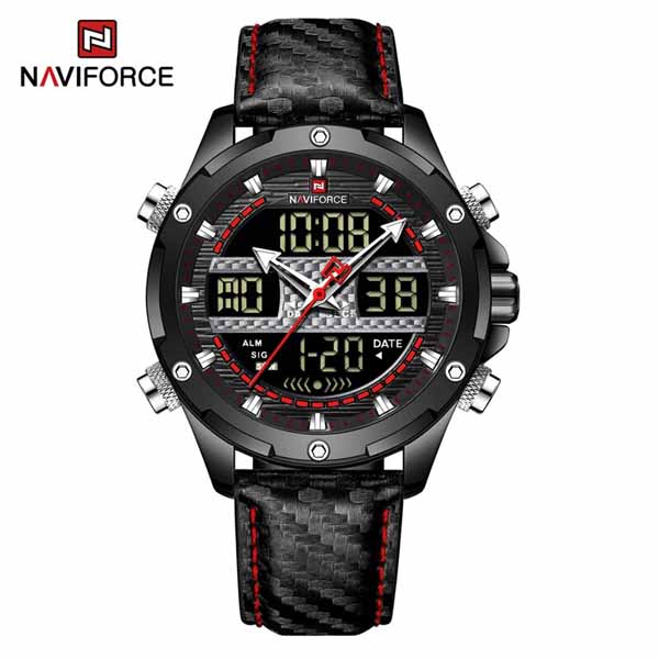 Picture of NAVIFORCE NF9194 Black PU Leather Dual Time Watch For Men - Black & Red