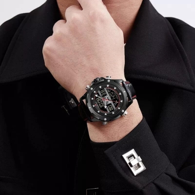 Picture of NAVIFORCE NF9194 Black PU Leather Dual Time Watch For Men - Black & Red